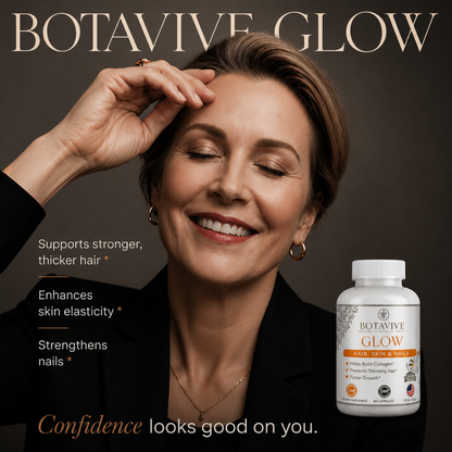 Advertisement for Botavive Glow with a woman and the product bottle on a dark background