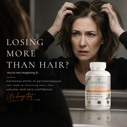 Woman with hair concerns looking at a bottle of Botavive Glow supplement.