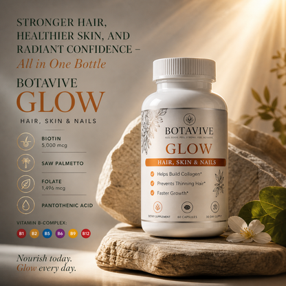 Botavive Glow supplement bottle with natural elements on a stone surface
