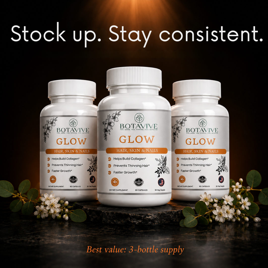 Three Botavive Glow supplement bottles on a dark background with text 'Stock up. Stay consistent.'
