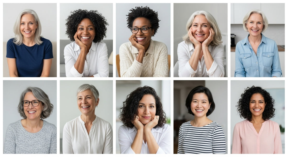 Grid of nine portraits of diverse women smiling