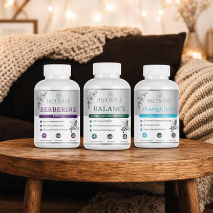 Three Botavive supplement bottles on a wooden table with a cozy background.