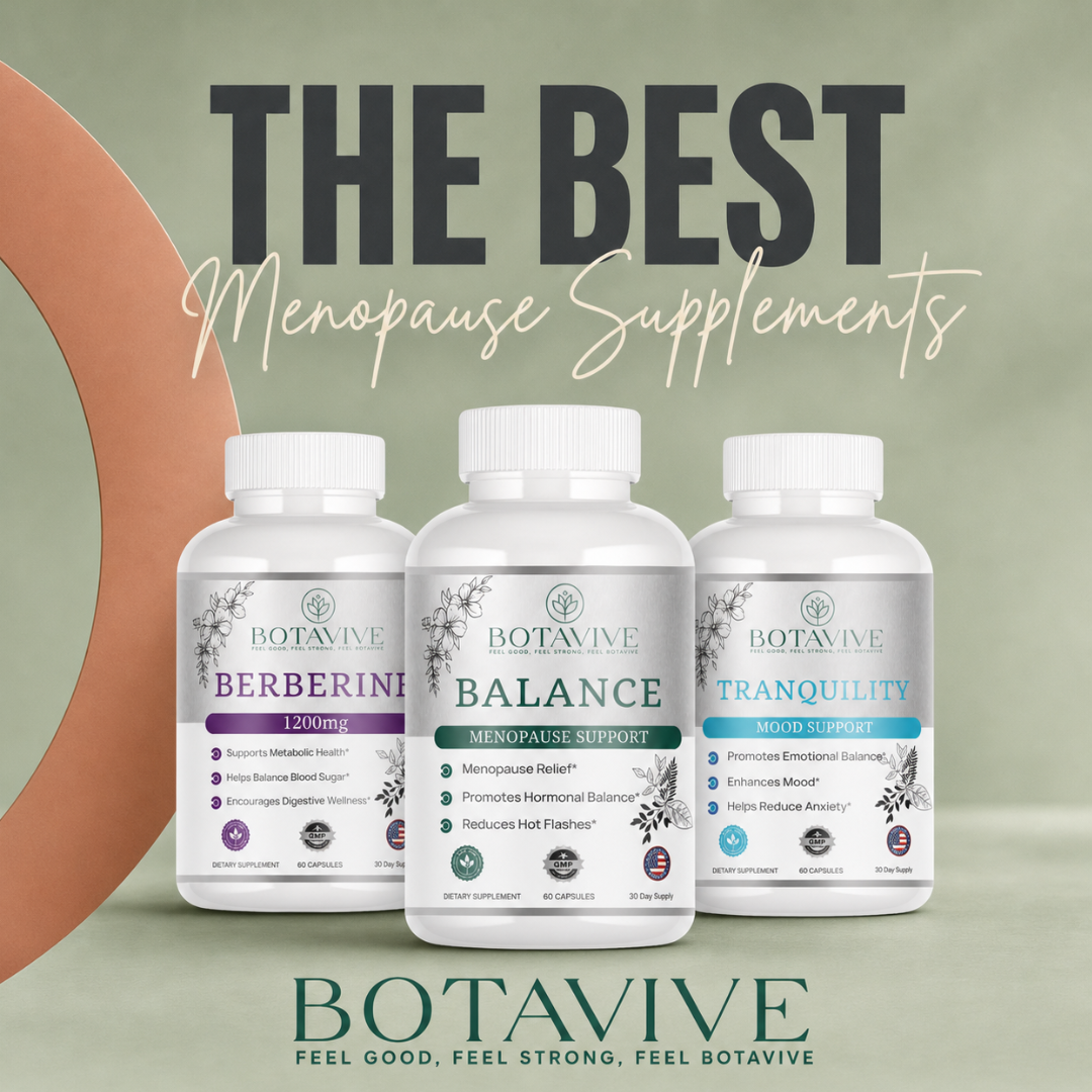 Three Botavive menopause support supplement bottles on a light green background with text 'The Best Menopause Supplements'.