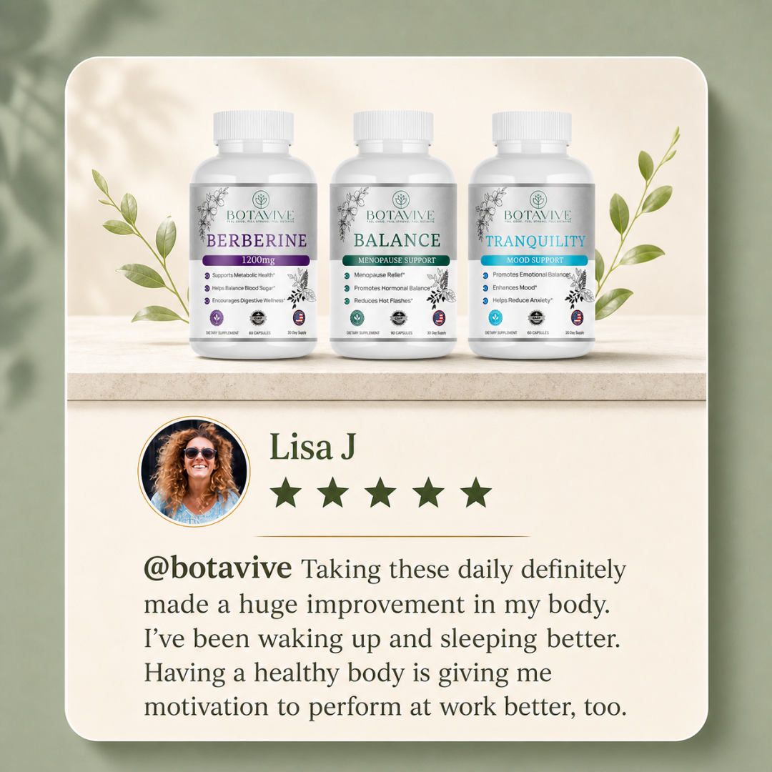 Three supplement bottles labeled 'Berberine', 'Balance', and 'Tranquility' with a five-star review from Lisa J on a light beige background.