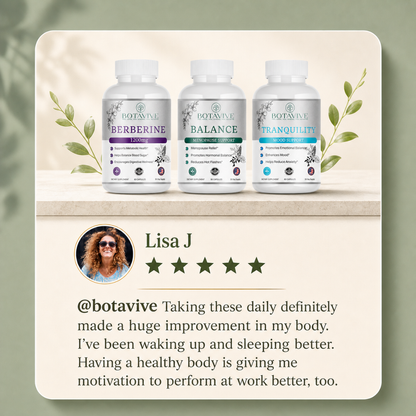 Three supplement bottles labeled 'Berberine', 'Balance', and 'Tranquility' with a five-star review from Lisa J on a light beige background.