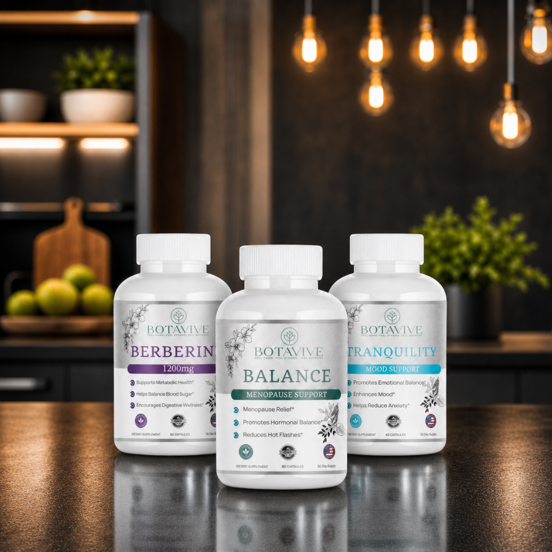 Three Botavive supplement bottles on a kitchen counter with blurred background