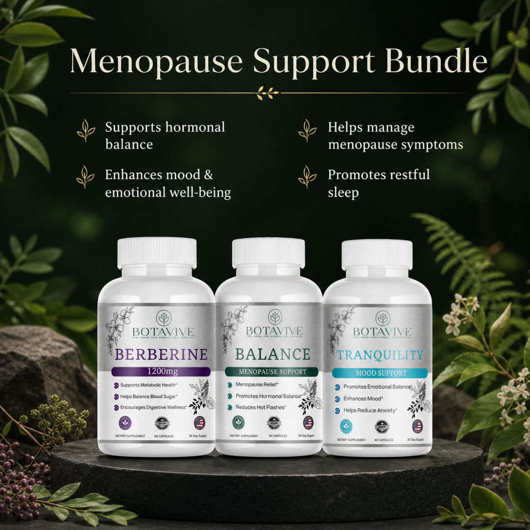 Three Botavive menopause support supplement bottles on a dark background with greenery.