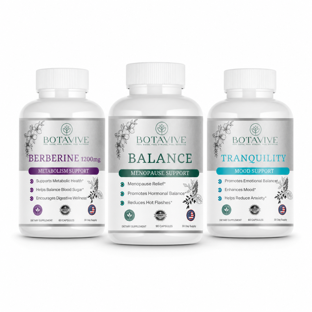 Botavive Menopause Relief Bundle with Balance, Berberine 1200 and Tranquility supplements for women in perimenopause and menopause
