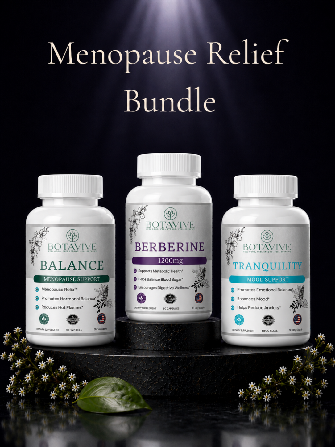 Menopause relief bundle with three Botavive supplements on a dark background