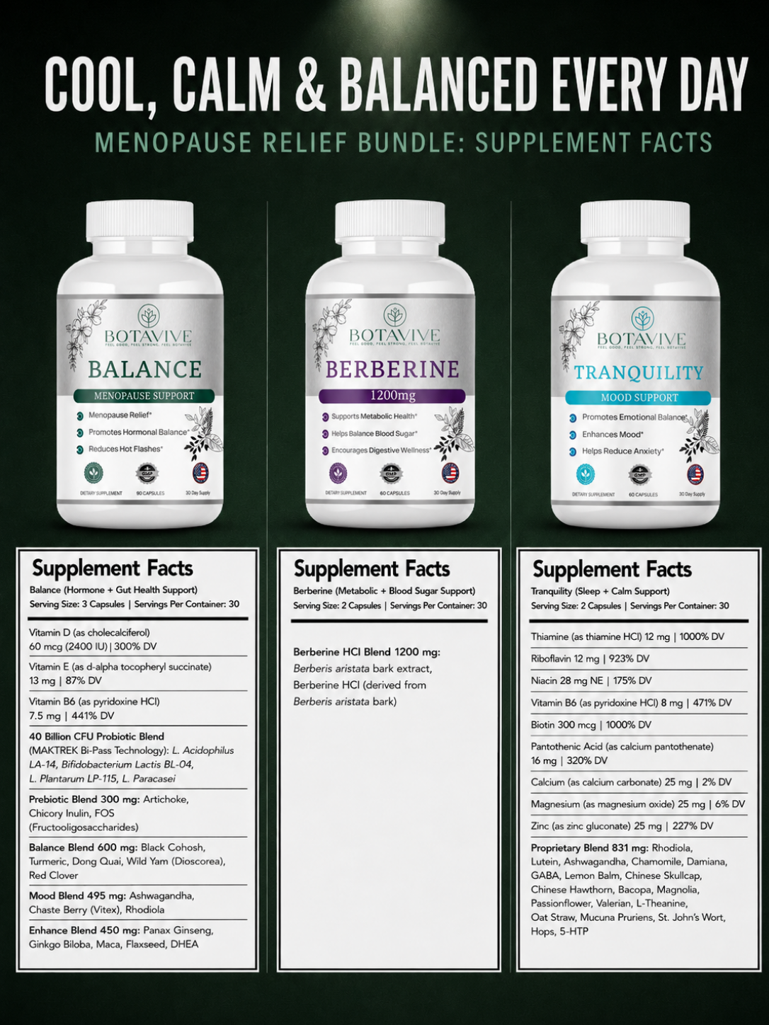 Three supplement bottles labeled 'Balance', 'Berberine', and 'Tranquility' with supplement facts displayed on a black background.