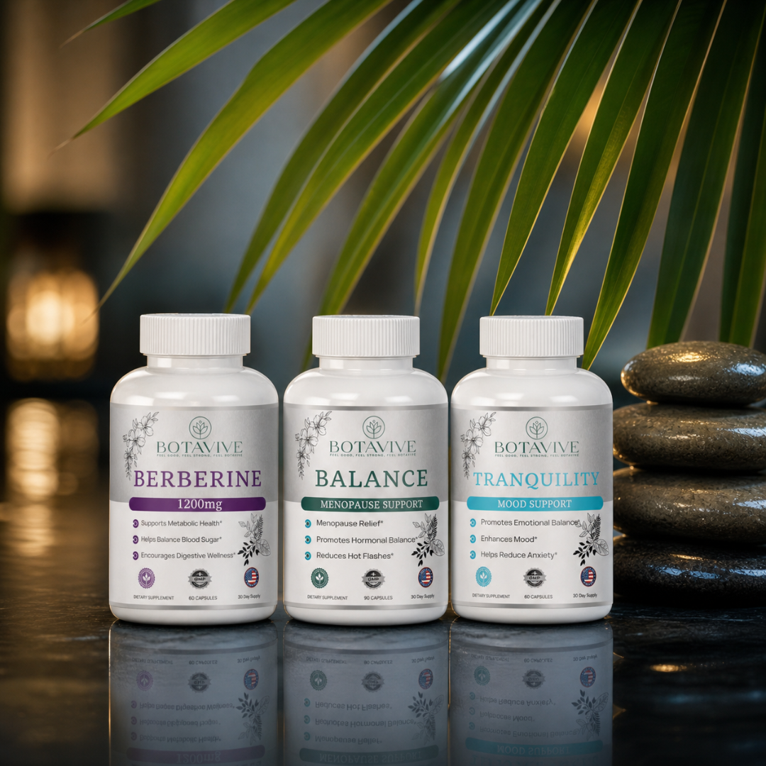 Three Botavive supplement bottles labeled Berberine, Balance, and Tranquility on a reflective surface with a blurred natural background.