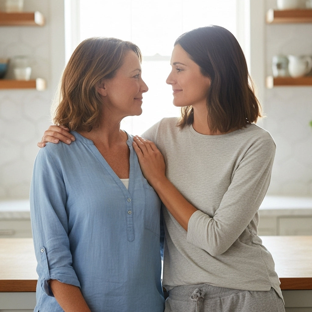 Mother and daughter standing close together in a kitchen, smiling at each other.