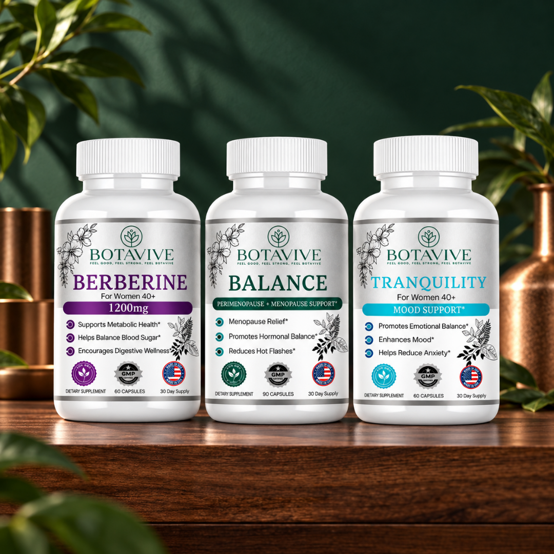 Radiance and Vitality Bundle supplement bottles styled with fresh fruit