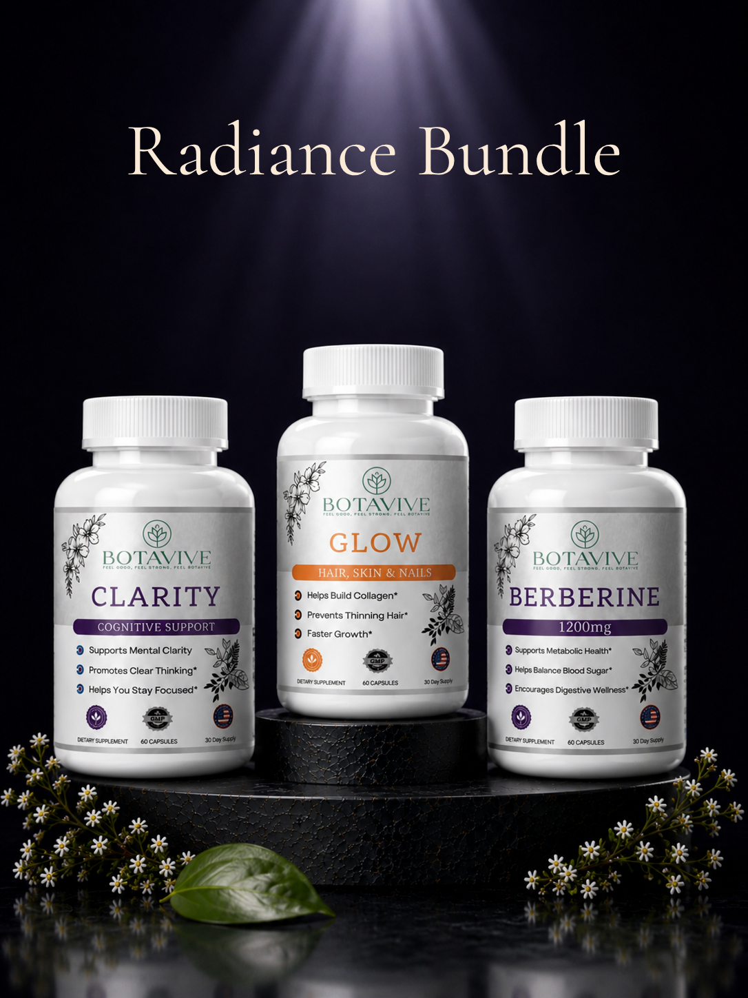 Three Botavive supplement bottles labeled 'Clarity', 'Glow', and 'Berberine' on a dark background with flowers.