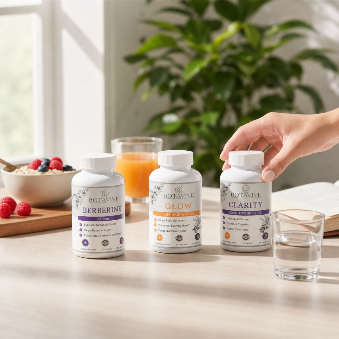 Three Botavine supplement bottles labeled 'Berberine', 'Glow', and 'Clarity' on a table with a hand reaching for one of them.