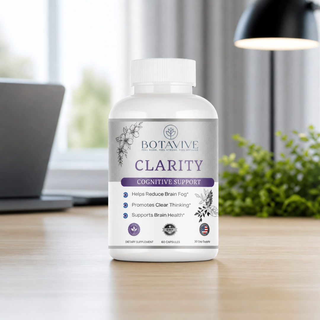 Botavive Clarity cognitive support supplement bottle on a desk with a laptop and plant in the background