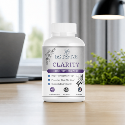 Botavive Clarity cognitive support supplement bottle on a desk with a laptop and plant in the background