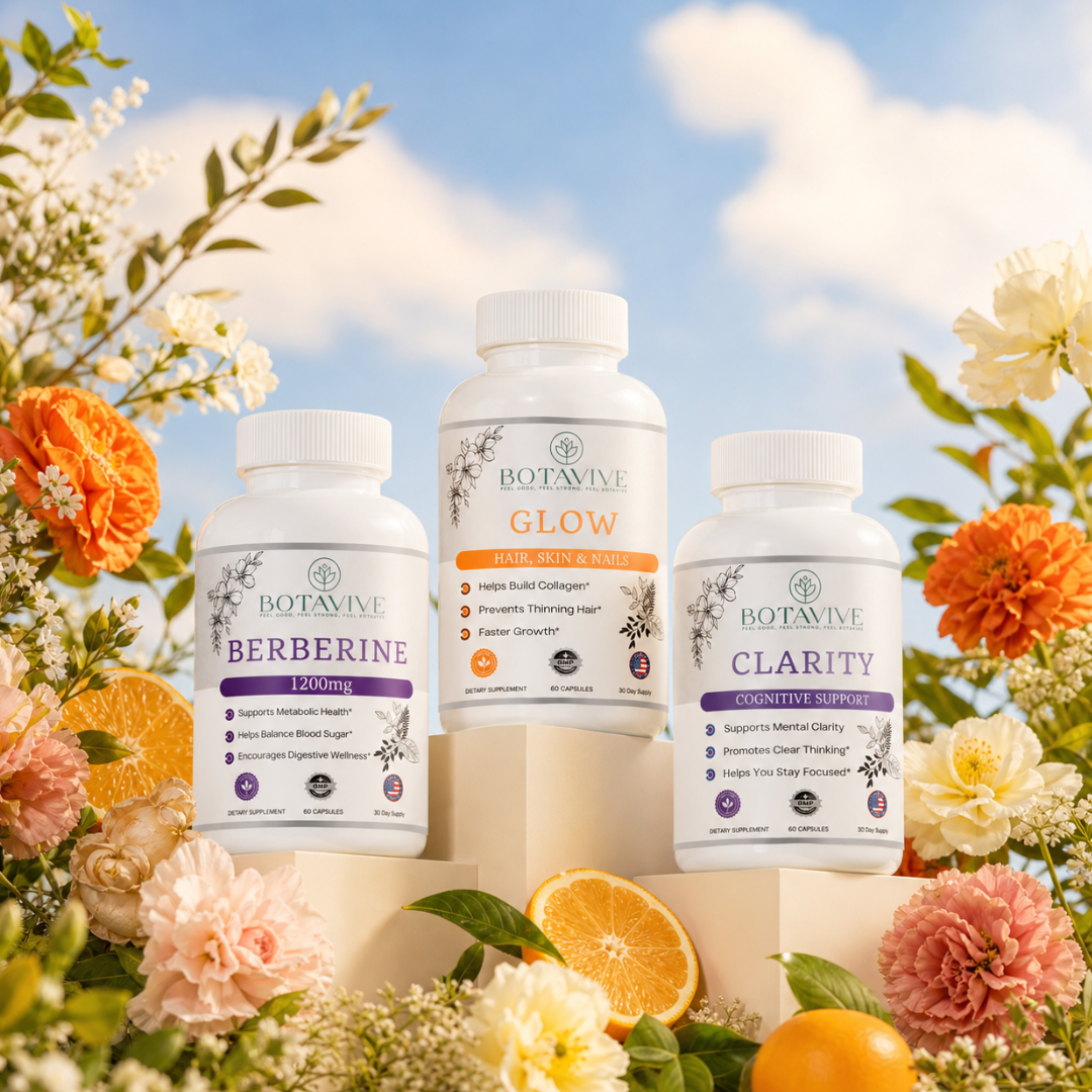 Three Botavive supplement bottles with a floral and fruit background