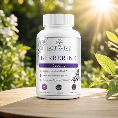 Botavive Berberine supplement bottle on a wooden surface with a natural background