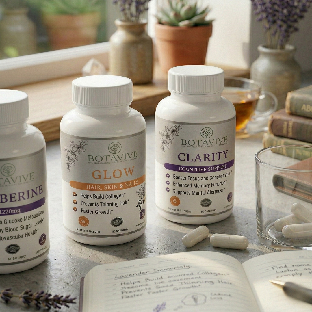 Botavive Glow, Clarity & Berberine bottles arranged with open notes, loose capsules, lavender & tea nearby