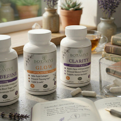 Botavive Glow, Clarity & Berberine bottles arranged with open notes, loose capsules, lavender & tea nearby