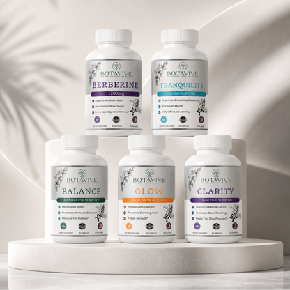 Botavive Total Wellness Bundle with five supplement bottles: Balance, Glow, Clarity, Berberine 1200 and Tranquility for women in menopause
