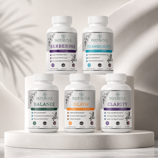 Botavive Total Wellness Bundle with five supplement bottles: Balance, Glow, Clarity, Berberine 1200 and Tranquility for women in menopause
