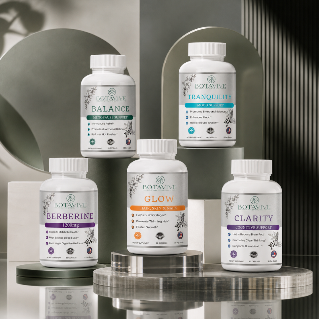 Five Botavive supplement bottles on a reflective surface with a neutral background