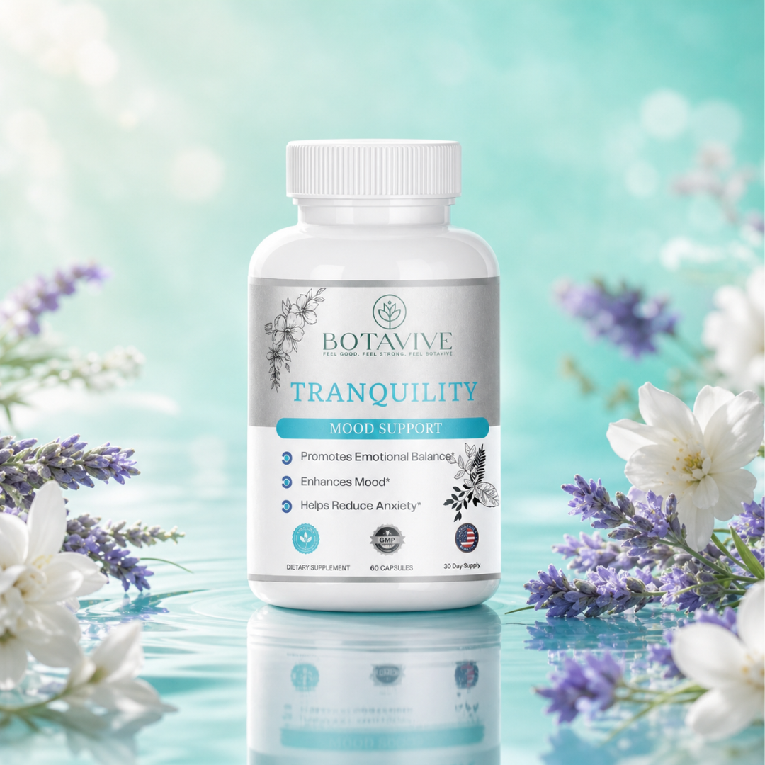 Botavive Tranquility supplement bottle with flowers on a light blue background
