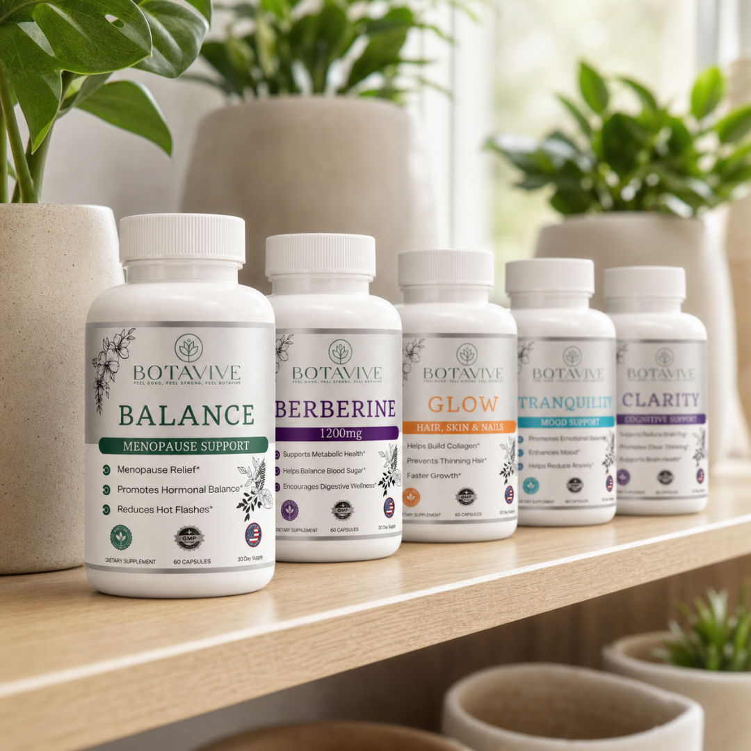 Row of Botavive supplement bottles on a wooden surface with plants in the background