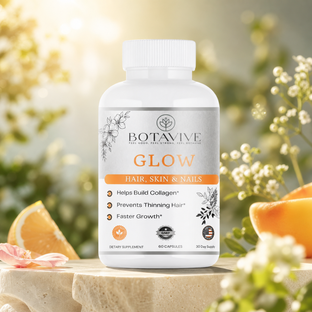 Supplement bottle labeled 'Botavive Glow' with outdoor background