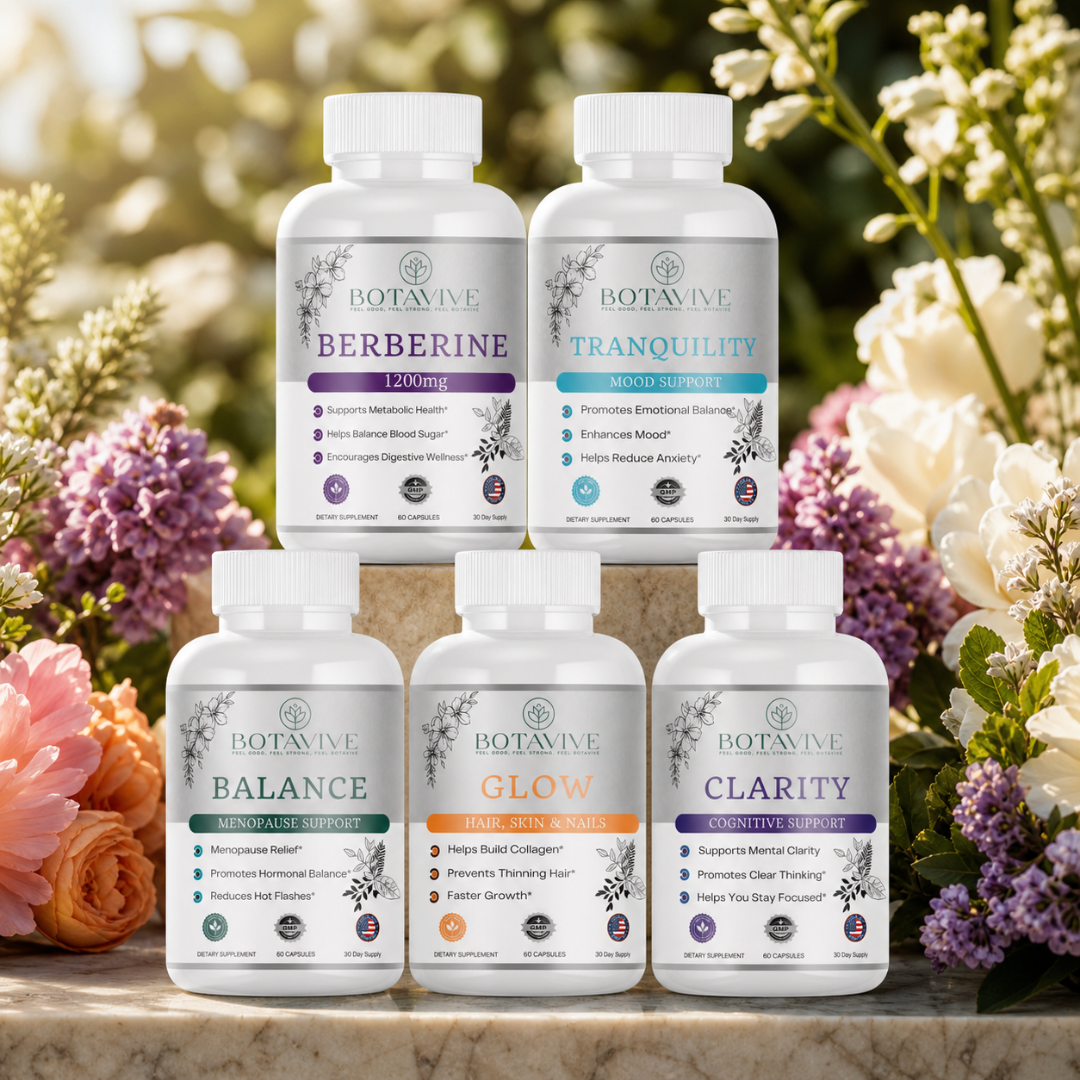 Five bottles of Botavive supplements with floral background