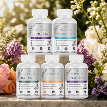 Five bottles of Botavive supplements with floral background