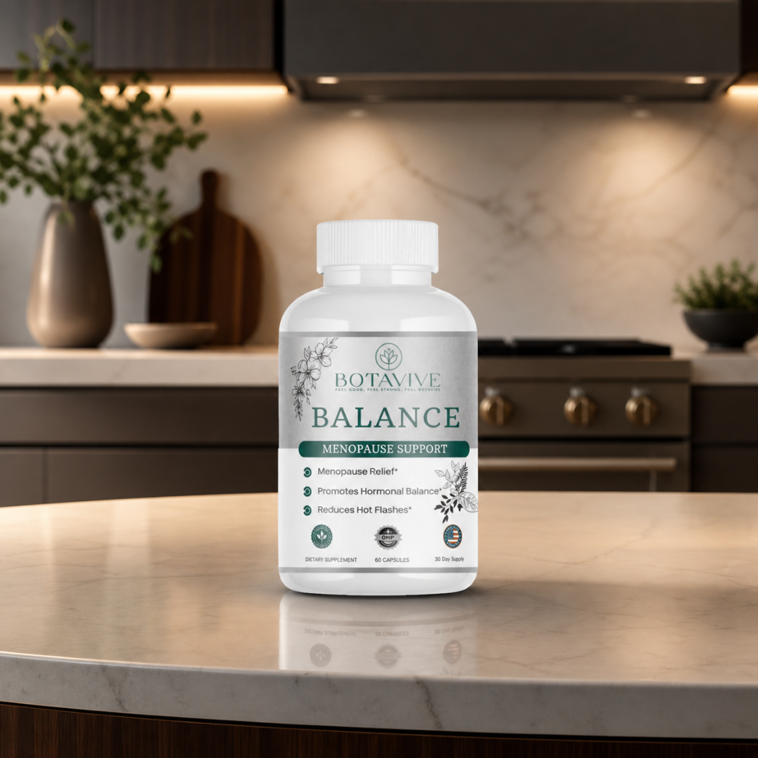 Botavive Balance menopause support supplement bottle on a kitchen counter