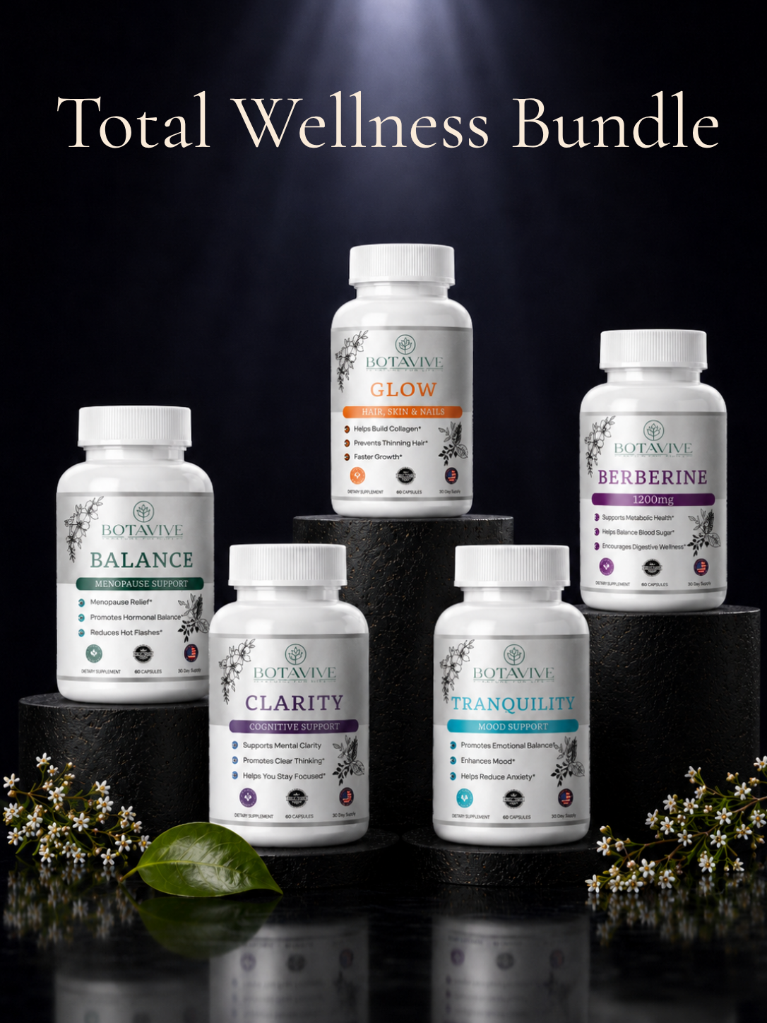 Total Wellness Bundle with various supplement bottles on a dark background