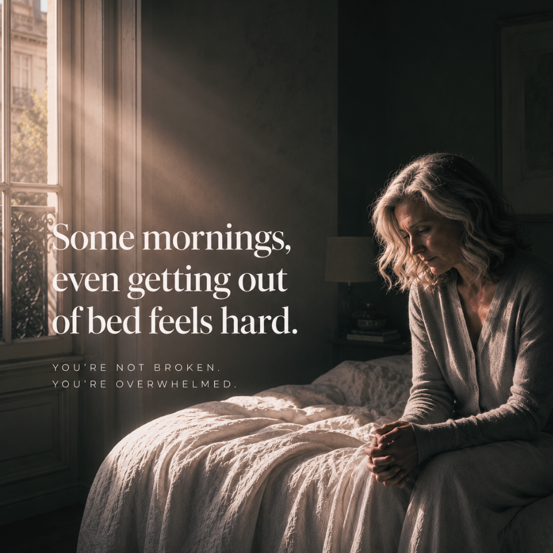 Woman sitting on a bed with a motivational quote about mornings and feeling overwhelmed.