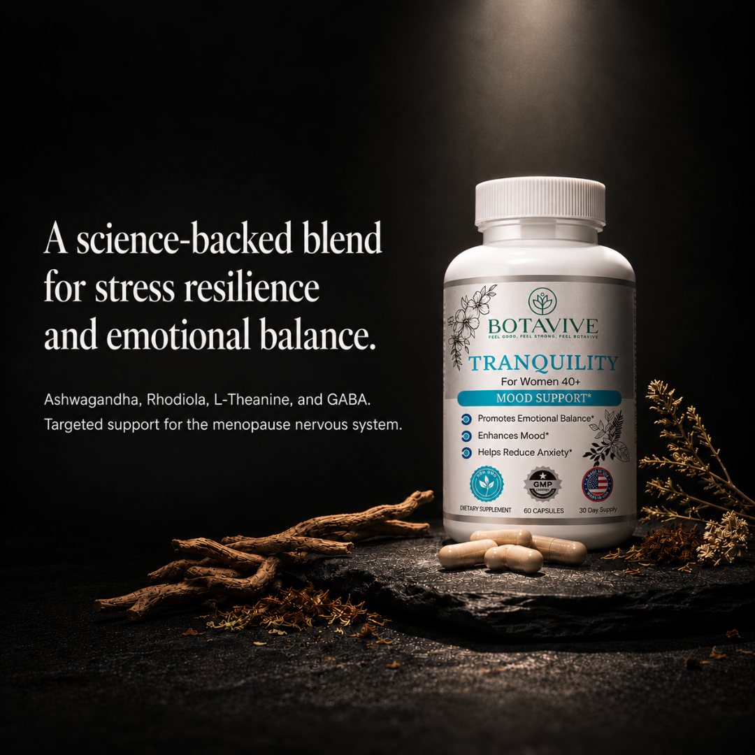 A white bottle of Botavive Tranquility dietary supplements stands on a dark surface with capsules in front and botanical elements around it. Text on the left describes a science-backed blend for stress resilience and emotional balance.
