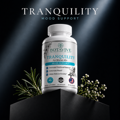 A white bottle of Botavive Tranquility dietary supplement for women 40+, displayed on a black pedestal with rosemary and baby's breath flowers against a dark background with light rays and the text 'TRANQUILITY MOOD SUPPORT'.