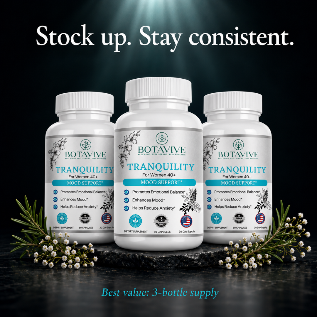 Three white bottles of Botavive Tranquility dietary supplement arranged on a dark surface with decorative evergreen sprigs and white berries. Large text at the top reads 'Stock up.