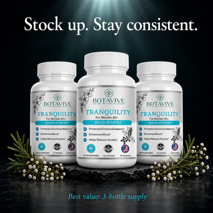 Three white bottles of Botavive Tranquility dietary supplement arranged on a dark surface with decorative evergreen sprigs and white berries. Large text at the top reads 'Stock up.