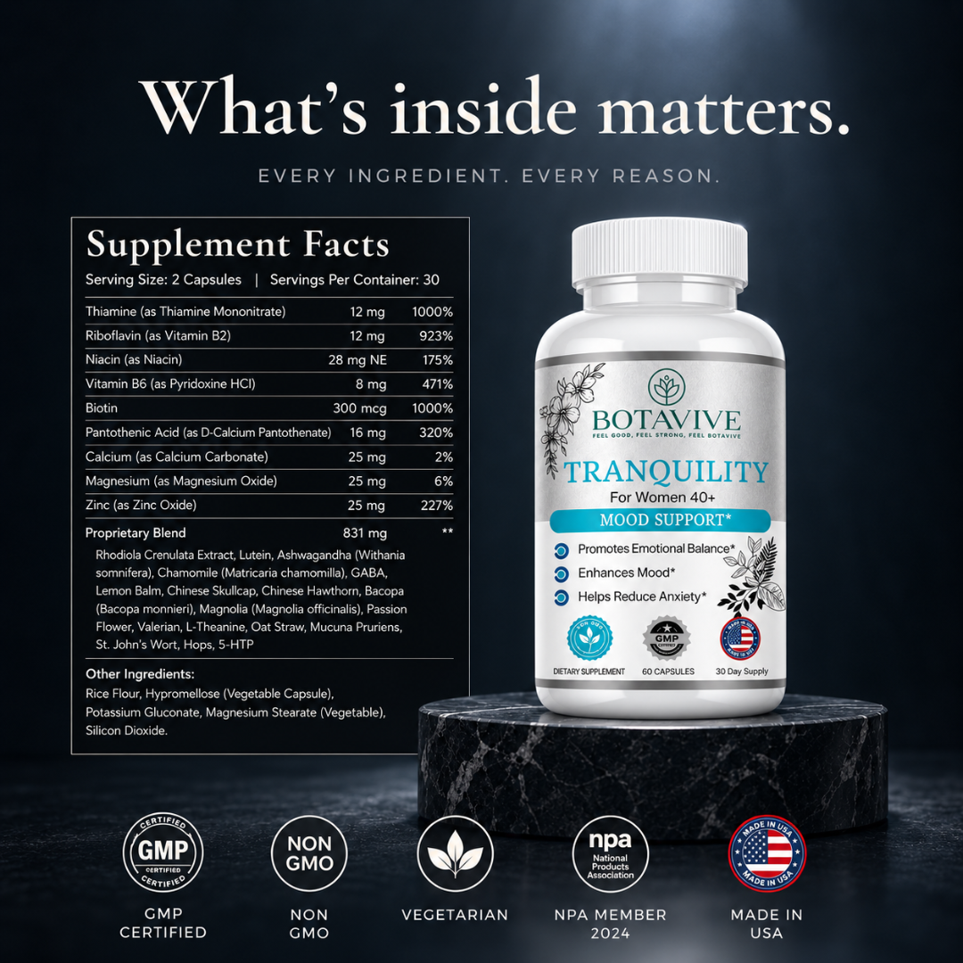 Botavive Tranquility mood support supplement bottle shown with soothing botanical styling
