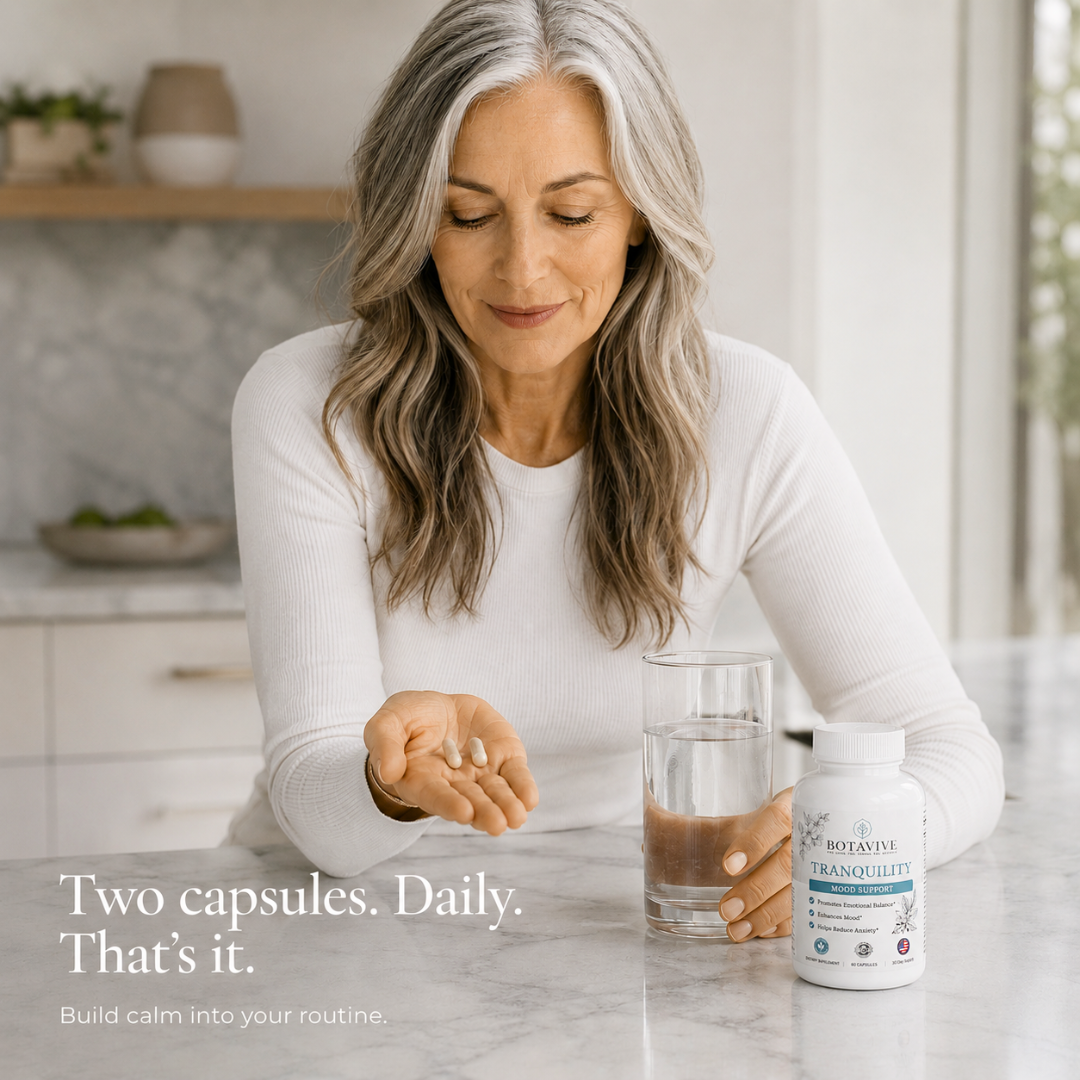 Woman holding a supplement capsule with a glass of water and a bottle labeled 'Botanize Tranquility' on a kitchen counter.