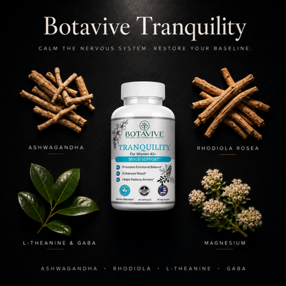 Botavive Tranquility mood support supplement bottle centered on a black background, surrounded by botanical ingredients including ashwagandha roots, rhodiola rosea flowers, and green leaves. Large text at the top reads 'Botavive Tranquility' with supporting copy about calming the nervous system.