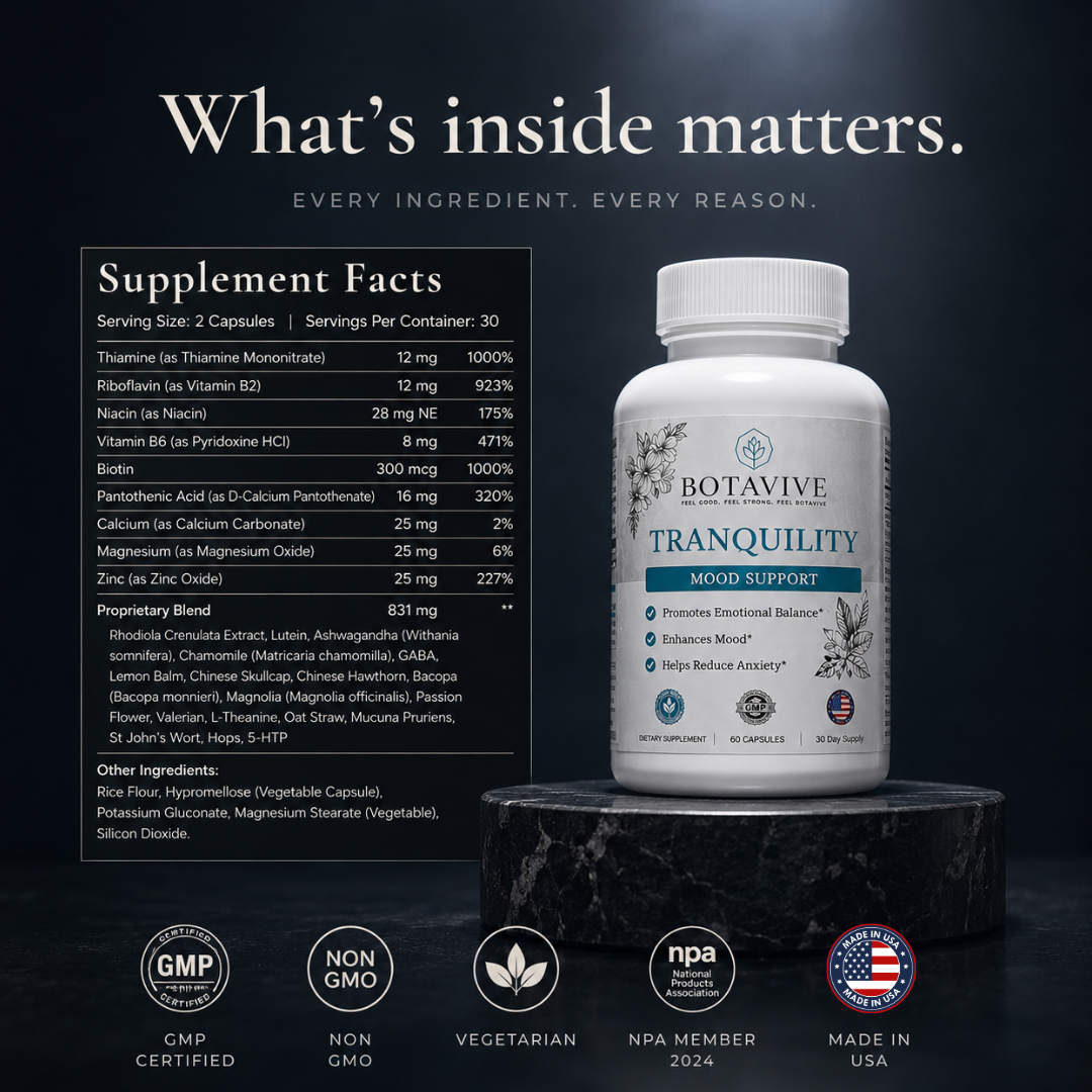 Botavive Tranquility supplement bottle with supplement facts on a dark background