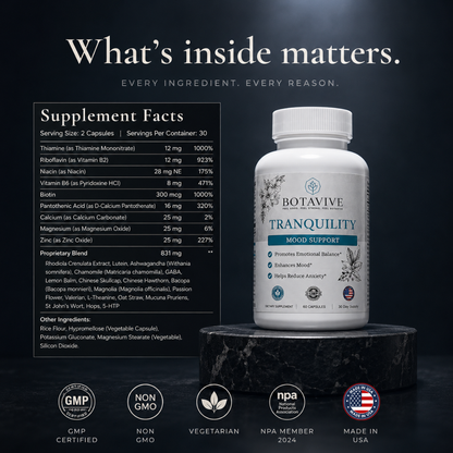 Botavive Tranquility supplement bottle with supplement facts on a dark background