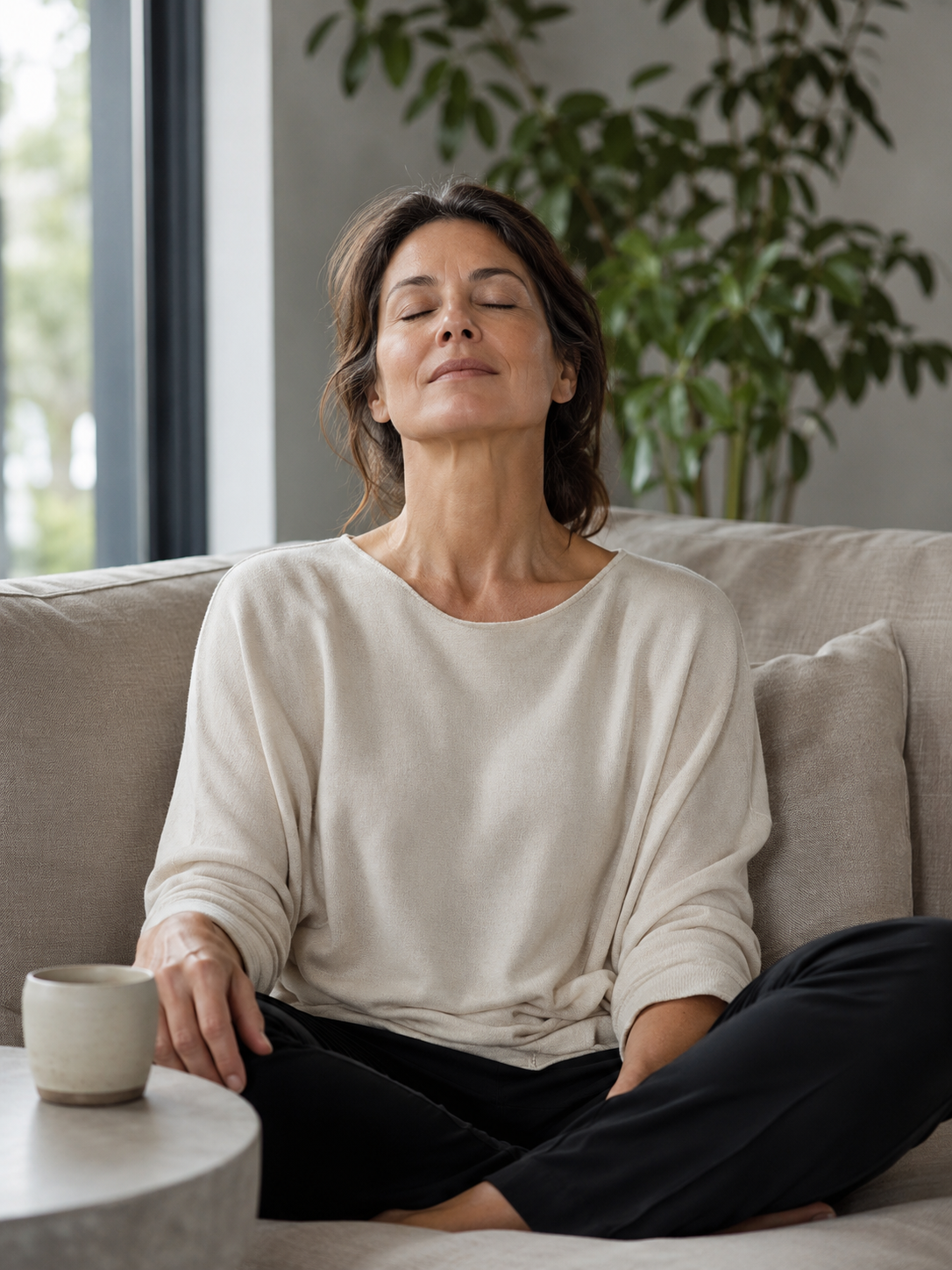 Woman meditating on a couch with a cup of coffee