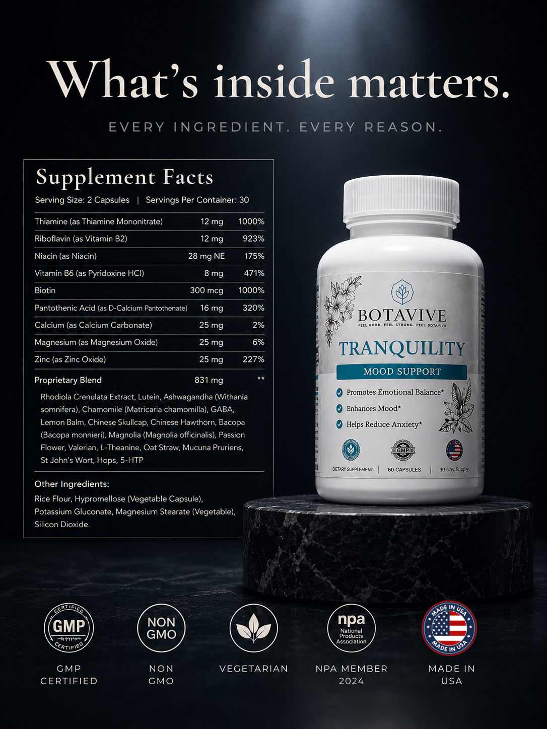 Botavive Tranquility supplement bottle with ingredient list on a dark background