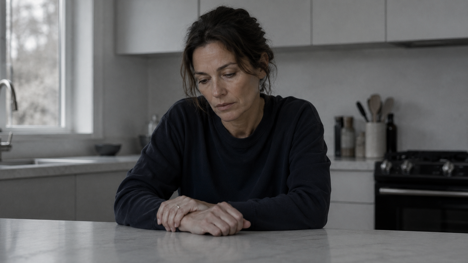 Woman sitting at a kitchen counter with a neutral expression