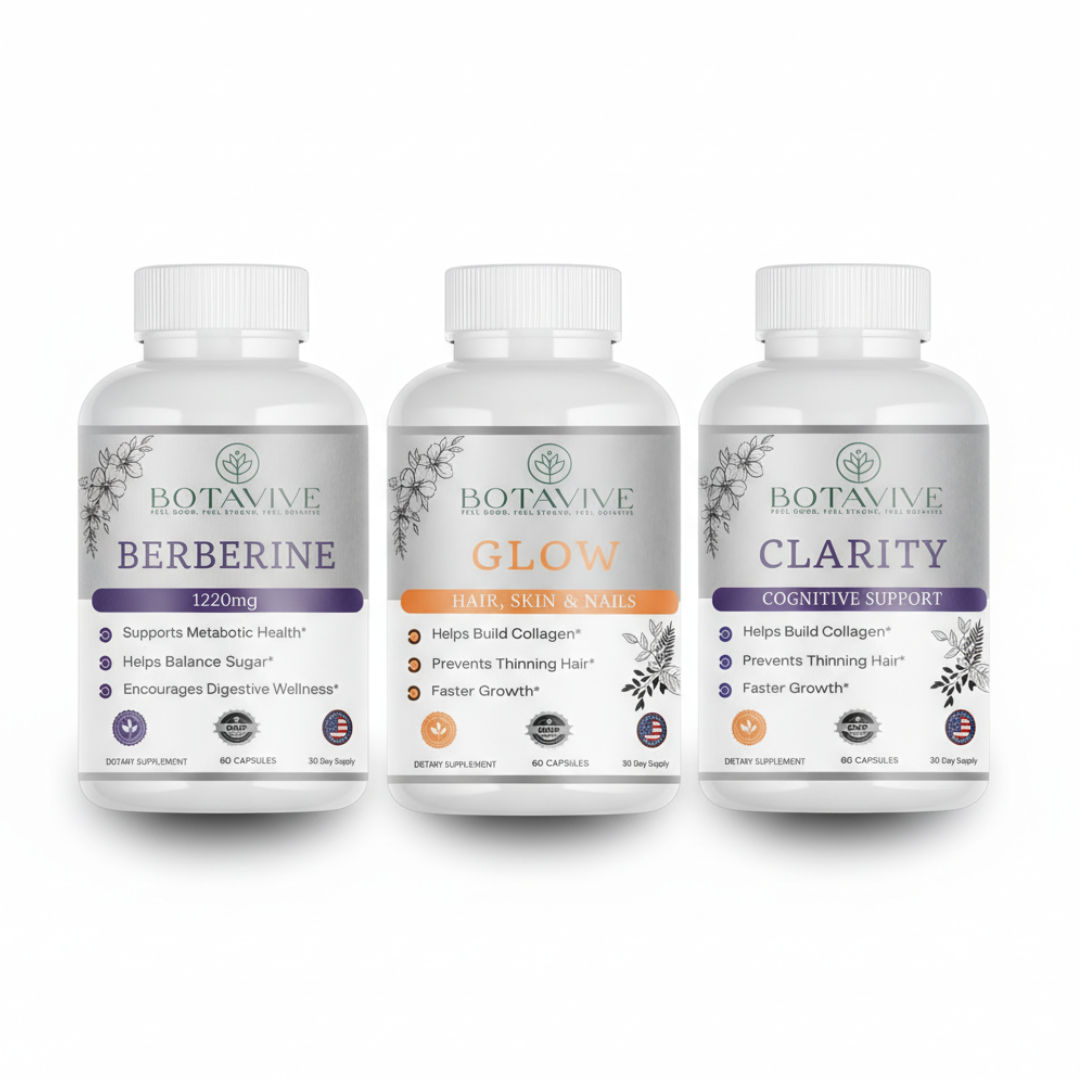 Three Botavive supplement bottles labeled Berberine, Glow, and Clarity on a white background.