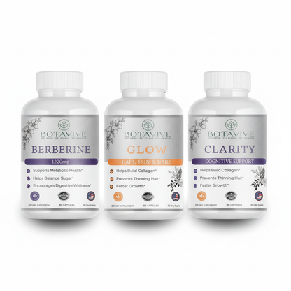 Three Botavive supplement bottles labeled Berberine, Glow, and Clarity on a white background.